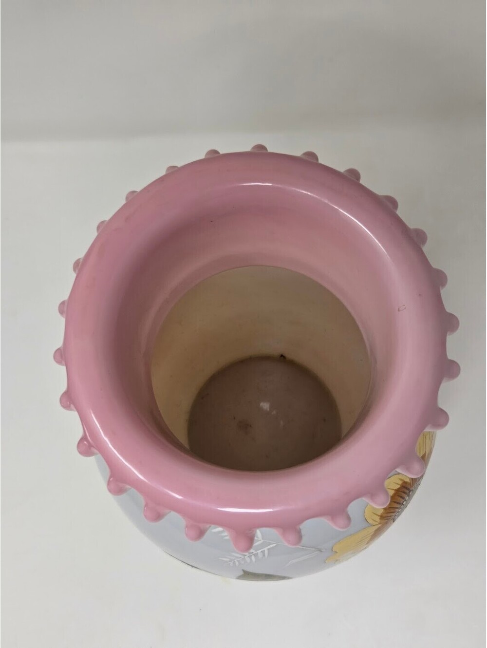 Pink Ruffled Rim Milk Glass Vase Hand Painted Floral Design 10 Inch Decor - Picture 8 of 8